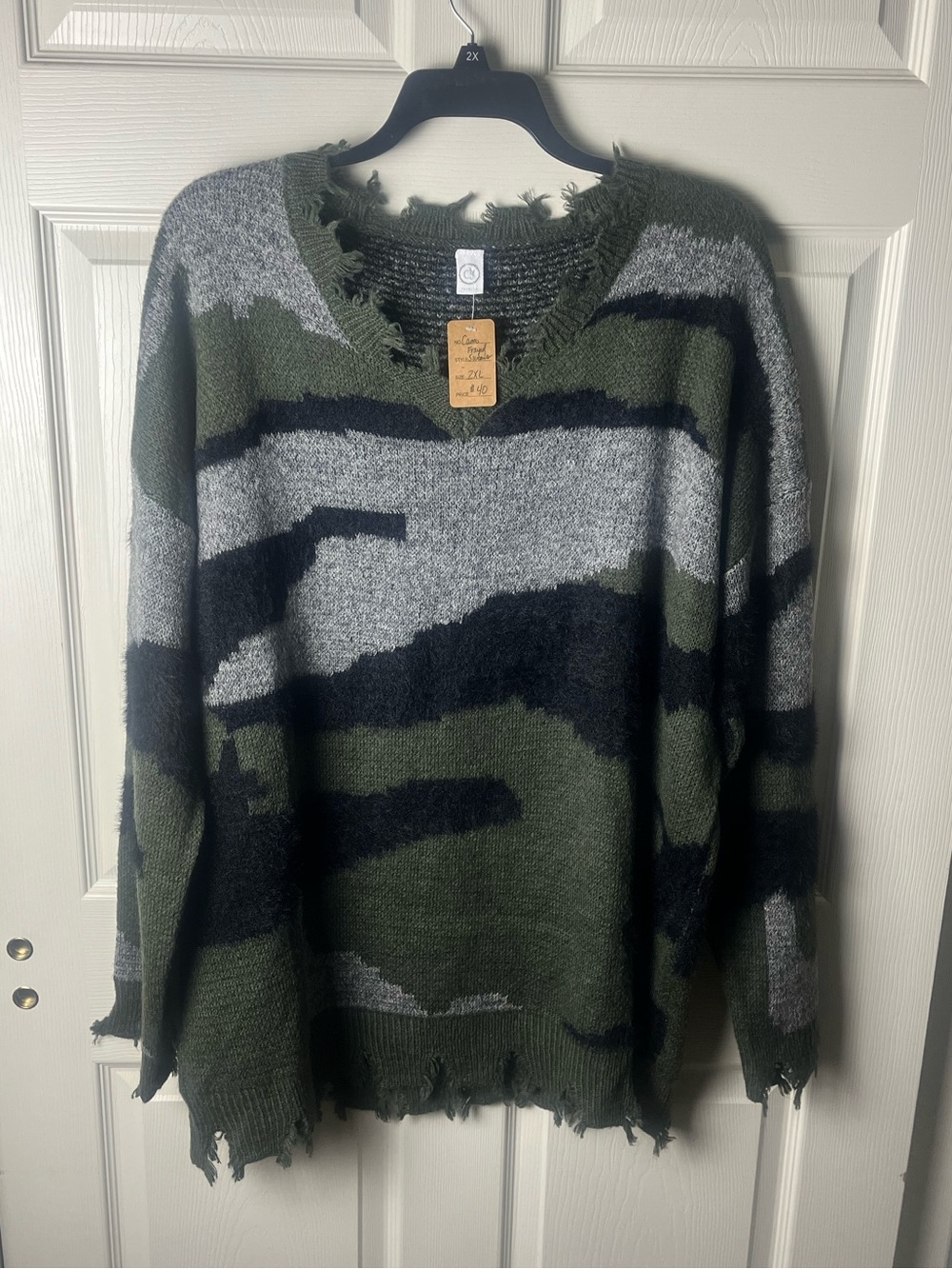 Distressed Olive & Gray Patterned Women's Sweater